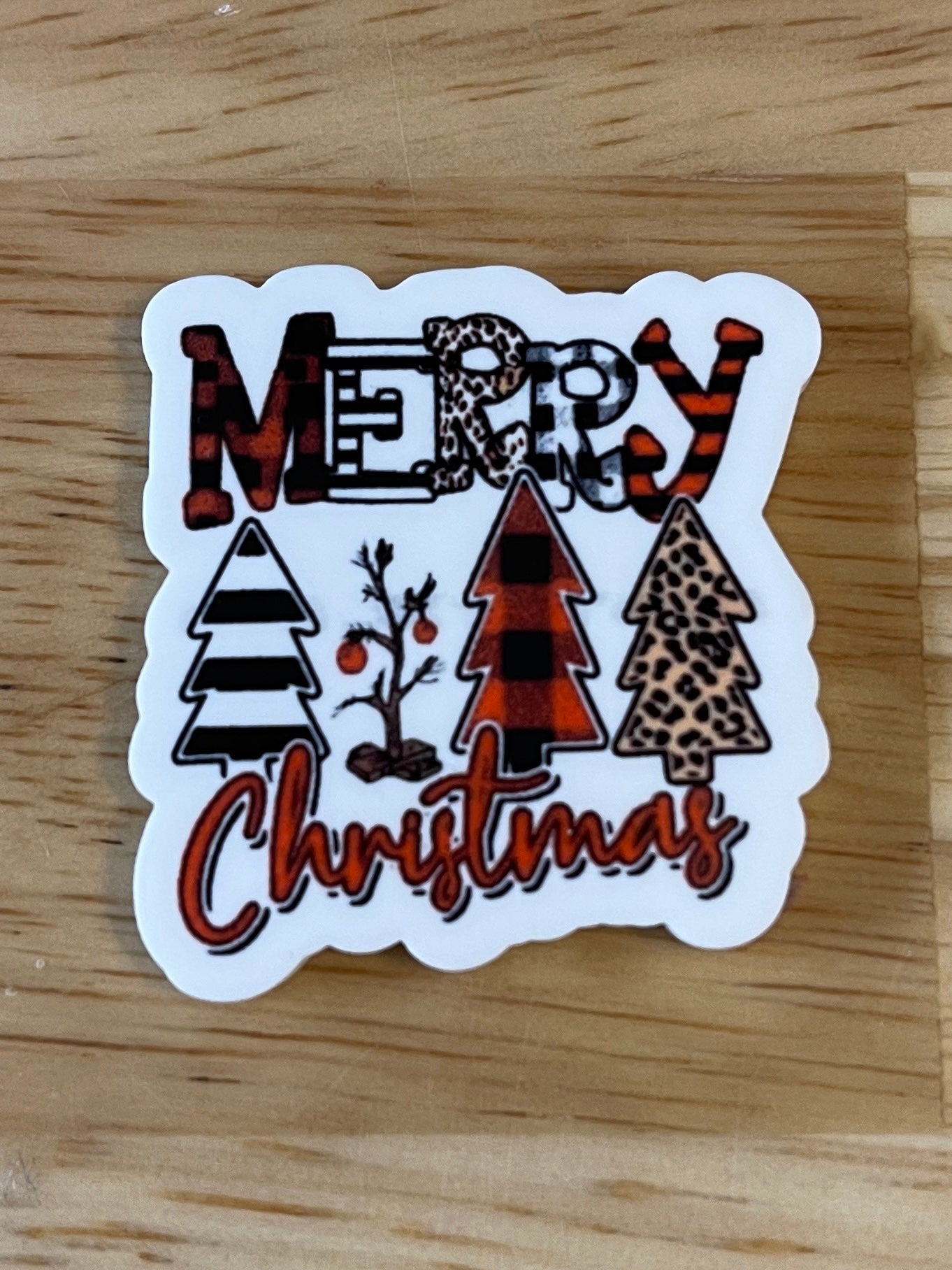 Merry Christmas with striped, plaid, and leopard Christmas Tree - Resin Planar Flatback Acrylic Embellishment